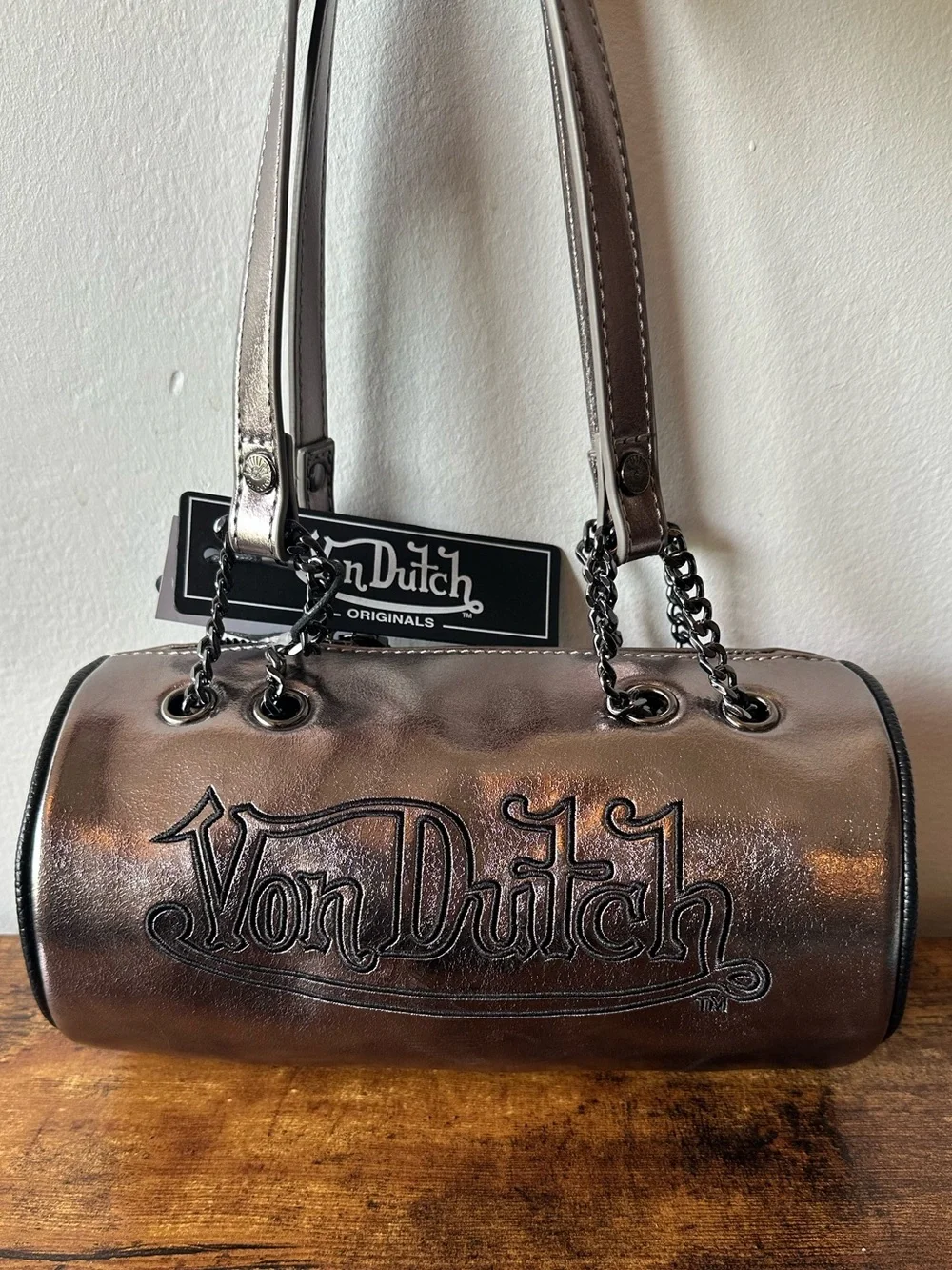 Von Dutch Metallic Barrel Shoulder Bag with Black Embroidered Logo, Chain NWT